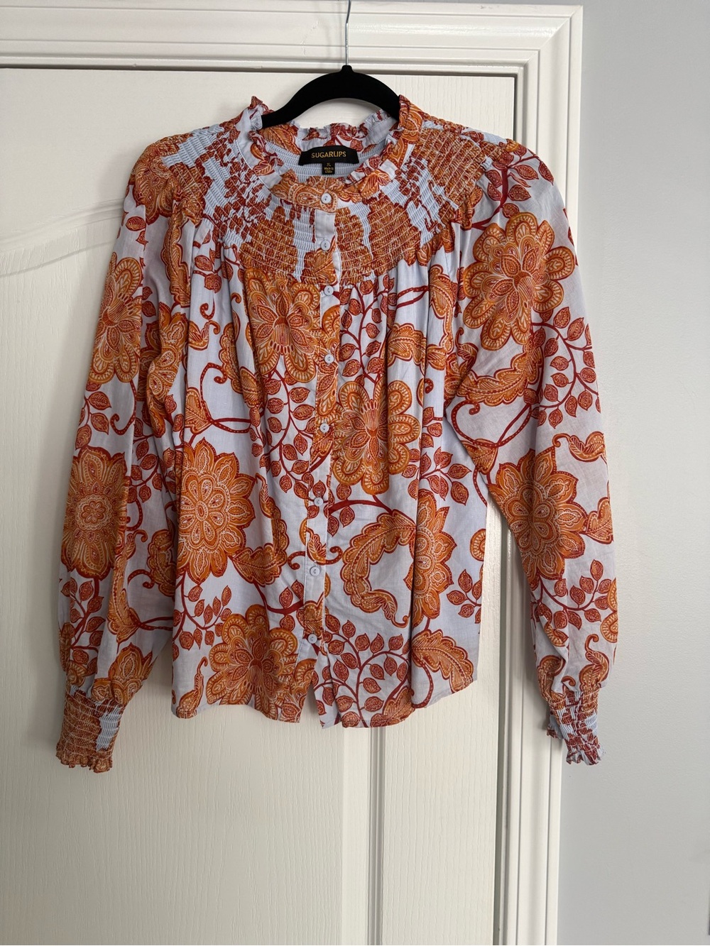 Sugarlips Orange Floral Smocked-Yoke Button Front Blouse
